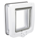 White plastic pet door with transparent swing flap and bottom rotary lock showing lock/unlock icons