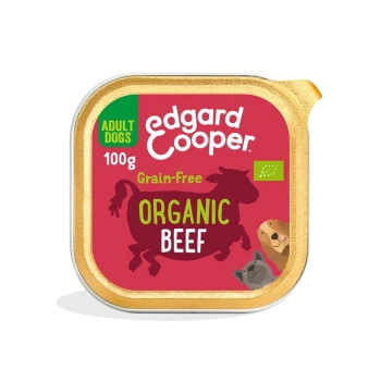 Nourriture pour chiens Edgard Cooper bio au bœuf, 100g, sans céréales, avec une étiquette rouge présentant une silhouette de chien et des illustrations d'animaux.