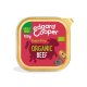 Nourriture pour chiens Edgard Cooper bio au bœuf, 100g, sans céréales, avec une étiquette rouge présentant une silhouette de chien et des illustrations d'animaux.