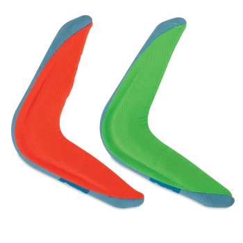 Two fabric-covered boomerang-shaped dog toys, one red and one green, with blue edges on a white background.