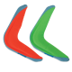 Two fabric-covered boomerang-shaped dog toys, one red and one green, with blue edges on a white background.