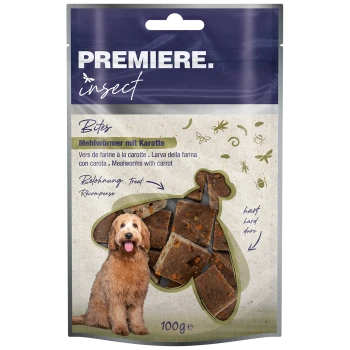 Premiere Insektenbisse-Paket mit Mehlwürmern und Karotten, das Leckereien in einer hundeförmigen Umriss zeigt, 100g Gewicht.