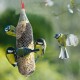 Vogelfutterhaus mit Erdnüssen und Sonnenblumenkernen, umgeben von fünf kleinen bunten Vögeln, zwei davon im Flug.