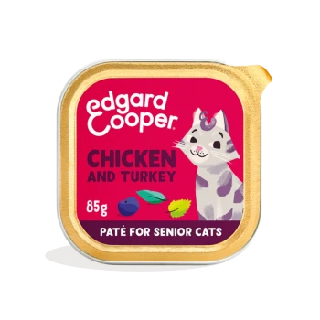 Edgard Cooper 85g chicken and turkey pâté for senior cats tray, pink label with illustrated grey cat and gold foil rim