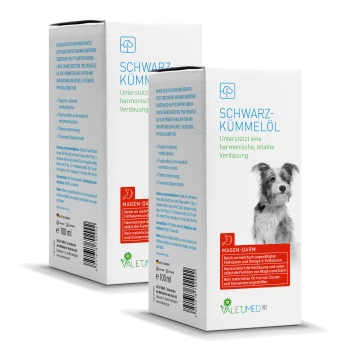 Verpackung von Schwarzkümmelöl mit einem Hundebild, beschriftet mit "SCHWARZKÜMMELÖL," das eine gesunde Verdauung und einen ausgewogenen Stoffwechsel fördert.