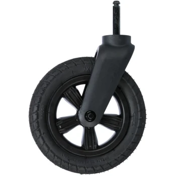 Rad eines schwarzen Haustierwagens mit einer stabilen Kunststoffnabe und Gummireifen, mit einem fünfstrahligen Design und einem Montagesockel.