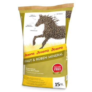 15 kg Sack Josera Kraut & Rüben Pferdefutter mit einer Pferdesilhouette aus Pellets; beschriftet mit "Getreidefrei" und "Premium-Mineralfutter."