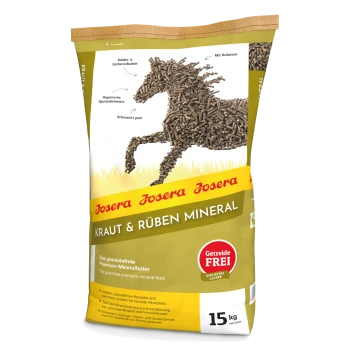 15 kg Sack Josera Kraut & Rüben Pferdefutter mit einer Pferdesilhouette aus Pellets; beschriftet mit "Getreidefrei" und "Premium-Mineralfutter."
