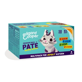 Edgard Cooper Katzenfutter-Multipack mit einer Cartoon-Katze auf der Verpackung, beschriftet mit 'PATÉ seidig weich' und Geschmacksrichtungen: Huhn, Lachs, Lamm und Truthahn.