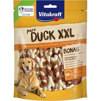 Przysmaki dla psów Vitakraft Pure Duck XXL, wapniowe kości owinięte mięsem kaczki, bez zbóż, bez dodatków, opakowanie nadające się do recyklingu.