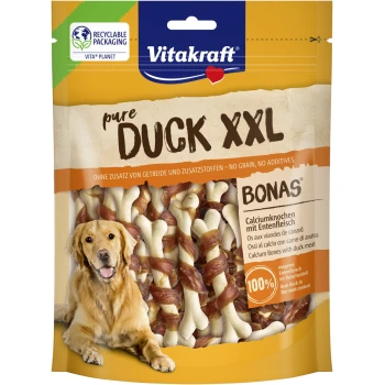 Przysmaki dla psów Vitakraft Pure Duck XXL, wapniowe kości owinięte mięsem kaczki, bez zbóż, bez dodatków, opakowanie nadające się do recyklingu.