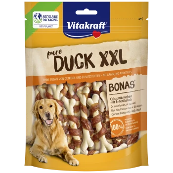 Vitakraft Pure Duck XXL Hundeleckerlis, Kalziumknochen umhüllt mit Entenfleisch, ohne Getreide, ohne Zusatzstoffe, recycelbare Verpackung.
