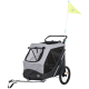 Haustierwagen in Grau und Schwarz mit Netzfenstern, einem Lenker und einer gelben Sicherheitsflagge, entworfen für den Transport von Haustieren.