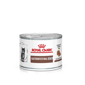 Royal Canin Gastrointestinal Kitten Nassfutterdose, mit einem Kätzchenbild, beschriftet als 'Ultra Soft Mousse' und 'Veterinary.'
