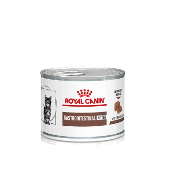 Royal Canin Gastrointestinal Kitten Nassfutterdose, mit einem Kätzchenbild, beschriftet als 'Ultra Soft Mousse' und 'Veterinary.'