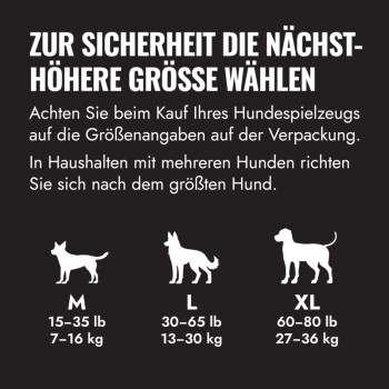 Größentabelle für Hunde: Zur Sicherheit nächsthöhere Größe wählen. M 15–35 lb/7–16 kg; L 30–65 lb/13–30 kg; XL 60–80 lb/27–36 kg