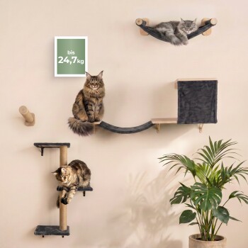 Getigerte Katze schläft in einer grauen wandmontierten Hängematte über grauen Katzenregalen und einem Kratzbaum mit „Designed in Europe“-Etikett.