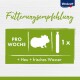 Recommandation d'alimentation pour cobayes : 1 bâton par semaine, plus du foin et de l'eau fraîche. Marque Vitakraft en haut.