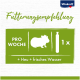 Recommandation d'alimentation pour cobayes : 1 bâton par semaine, plus du foin et de l'eau fraîche. Marque Vitakraft en haut.
