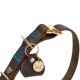 Brauner Lederhalsband für Haustiere mit goldener Schnalle, blauen Nähten und einem runden Anhänger mit einem Design von gekreuzten Schwertern.