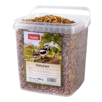 MEHLWÜRMER 900g Behälter mit getrockneten Mehlwürmern, gekennzeichnet mit "PANTO Mehlwürmer," mit einem Specht auf der Vorderseite, Nettogewicht 900 g.