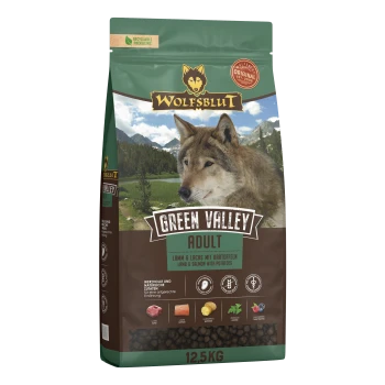 Wolfsblut Green Valley Adult Hundefutterbeutel mit Wolfsbild, Lamm & Lachs mit Kartoffeln, 12,5 kg, recycelbare Verpackung.