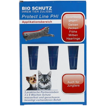 Blaue BIO SCHUTZ Protect Line PHI Floh‑/Zeckenbox mit Katzen‑ und Hundeabbildungen und rotem Emblem zuverlässig gegen.