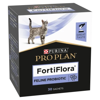 Box of Purina Pro Plan FortiFlora feline probiotic, 30 sachets, with cat image and "Great Taste" badge.