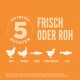Heldere oranje achtergrond met tekst 'Die ersten 5 Zutaten frisch oder roh.' Silhouetten van kip, kalkoen, haring, ingewanden en snoek.