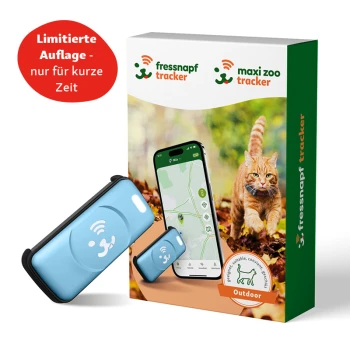 Paket mit einem blauen Haustier-Tracker, Smartphone-Karte und einer Katze im Hintergrund. Text: "Limitierte Auflage - nur für kurze Zeit."