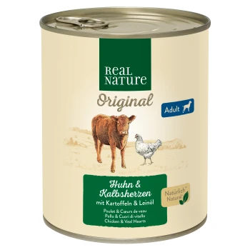 Dosen-Hundefutter mit der Aufschrift "Real Nature Original" für Erwachsene, mit Hühner- und Kalbsherzen, Kartoffeln und Leinsamenöl.