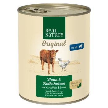 Dosen-Hundefutter mit der Aufschrift "Real Nature Original" für Erwachsene, mit Hühner- und Kalbsherzen, Kartoffeln und Leinsamenöl.