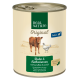 Dosen-Hundefutter mit der Aufschrift "Real Nature Original" für Erwachsene, mit Hühner- und Kalbsherzen, Kartoffeln und Leinsamenöl.