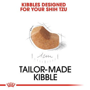 Kibble designed specifically for Shih Tzus, featuring a unique shape, with the text "Tailor-Made Kibble" prominently displayed.