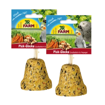 Zwei JR FARM Vogelsnackglocken, "Pick-Glocke Großsittich & Papagei," mit bunten Designs und natürlichen Zutaten.
