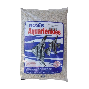 Torba żwirku akwariowego Rosi's Aquarienkies, z niebiesko-białym wzorem i dwoma ilustracjami ryb, oznaczona 'Kornung 3-5 mm weiss.'