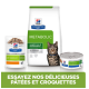 Nourriture pour chats Hill's Prescription Diet Metabolic : sac, sachet, boîte, et un chat tigré avec un texte promouvant des repas savoureux.