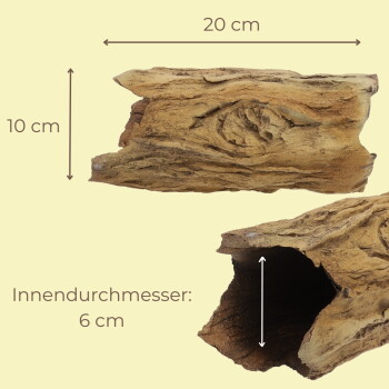 Hohles künstliches Baumstamm-Versteck für Haustiere mit Pfeilen und Maßangaben, zeigt '20 cm', '10 cm' und Text 'Innendurchmesser: 6 cm'.