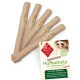Vier natürliche Kaffeewood-Sticks für Hunde, beschriftet mit "Kaffeholz aus Haffebaum", fördern die Zahngesundheit und Hygiene.
