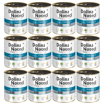 Premium Adult bogata w pstrąga puszka 12x800 g Dwanaście puszek karmy dla psów Dolina Noteci Premium, oznaczonych 'Bogate w pstrąga', przeznaczonych dla dorosłych psów wszystkich ras.