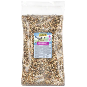 Un sac en plastique transparent rempli d'un mélange de graines et de céréales, étiqueté "MultiFit Leibgericht" avec un design bleu et violet, 25 kg.