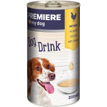 Premiere I love my dog Dog Drink can, featuring a bowl of creamy drink, with text indicating it contains chicken, 200ml.