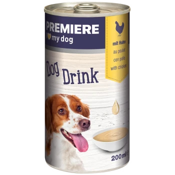 Premiere I love my dog hondendrinkblik, met een kom romige drank, met tekst die aangeeft dat het kip bevat, 200ml.