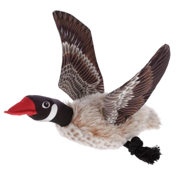 Plüsch-Fluggansattrappe mit detaillierten braunen Flügeln, rotem Schnabel und flauschigem beigem Körper, für den Außeneinsatz konzipiert.