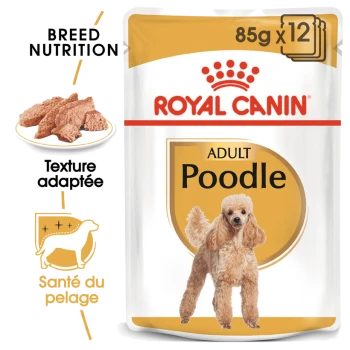 Emballage de nourriture pour chiens Royal Canin Adult Poodle, avec une illustration de caniche, avec un texte mettant en avant la nutrition de la race et la santé du pelage.