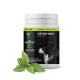 Behälter mit "Detox-Mix Pulver" für Hunde, mit einer schwarzen und weißen Hundesilhouette, grünen Akzenten und Text, der die Vorteile für die Bauchgesundheit hervorhebt.