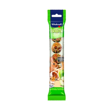 Vitakraft Rollinis Snack für kleine Haustiere, mit Apfelgeschmack, mit Bildern eines Kaninchens, Hamsters und Meerschweinchens auf der Verpackung.