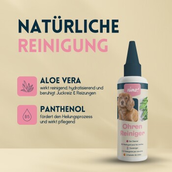 Natürliche Ohrreinigerflasche mit der Aufschrift 'Ohren Reiniger' und den Inhaltsstoffen Aloe Vera und Panthenol, die die hydratisierenden und beruhigenden Eigenschaften fördert.