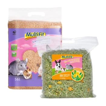 Zwei Multifit-Tierprodukte: 56L "Kleintierstreu" für Kleintiere und 500g "Heu mit Löwenzahn", mit Bildern von Kaninchen und Meerschweinchen.