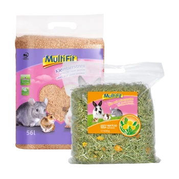 Zwei Multifit-Tierprodukte: 56L "Kleintierstreu" für Kleintiere und 500g "Heu mit Löwenzahn", mit Bildern von Kaninchen und Meerschweinchen.